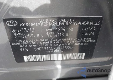 2013 Hyundai Sonata Gls z USA, uszkodzony, nr VIN 5NPEB4AC7DH765652